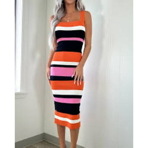 TIMING Womens Modern Pop Striped Sweater Dress Size L Black/Orange/Pink - Picture 1 of 10